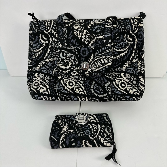 Vera Bradley Paisley Noir Quilted Turlock Tote "Travel Turlock Tote"& Wallet Set - Picture 1 of 14